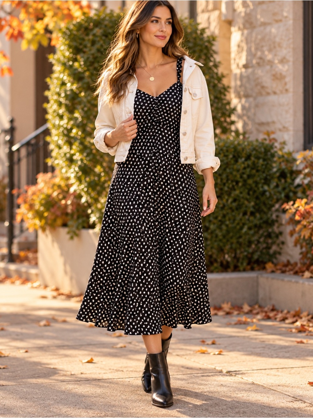 Michael Kors Black & Bone Polka Dot Ruffle Midi Dress